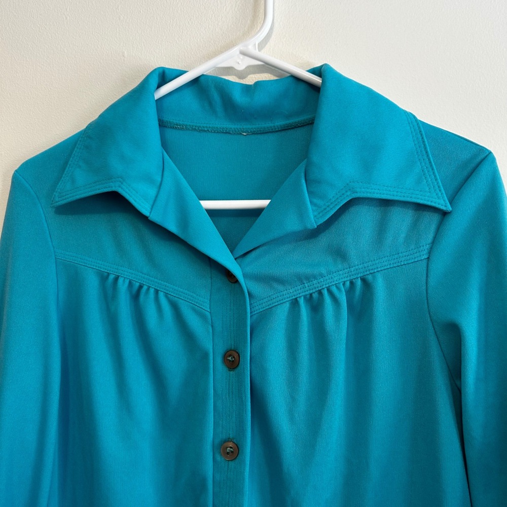 Vintage 70s Blue Dagger Collar Button Front Midi shirt-Dress Long Sleeve - Picture 3 of 7